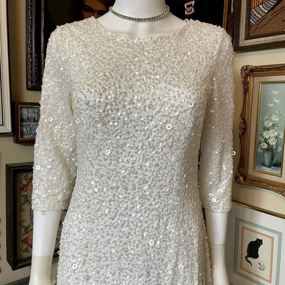 NWT Adrianna Papell White 3/4 Sleeve Scoop Back Sequin Gown Formal Maxi Size 8 - Picture 4 of 10